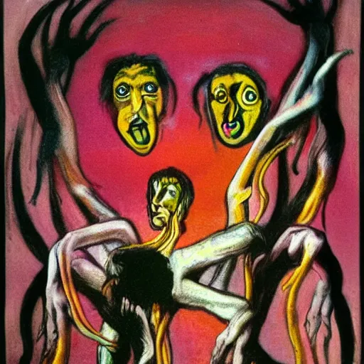 Image similar to bill hicks in the style of francis bacon with eight arms in the style of a hindu deity