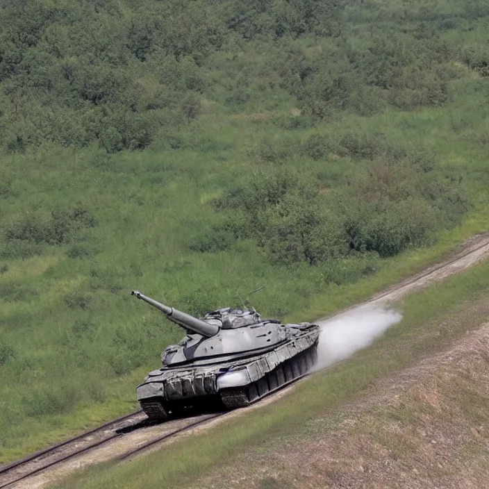 Prompt: t - 9 0 m going through the countryside while aiming at the side of the body photo realistic