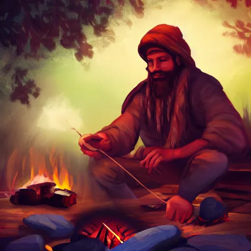 Prompt: Nomadic trader, sitting by a campfire, night, digital art, 4k, trending on artstation