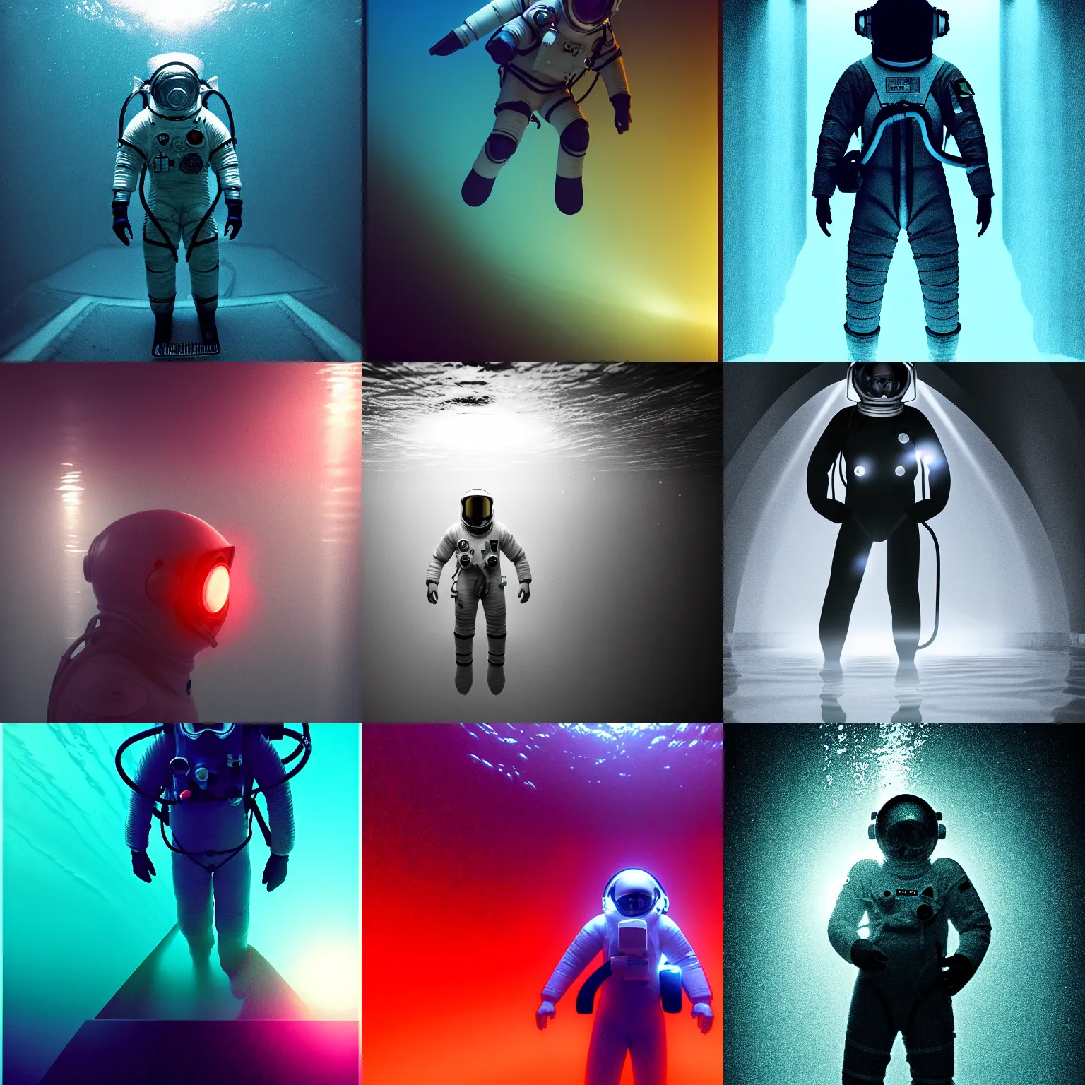Prompt: infrared photo in the dark underwater diver astronaut with meka helmet standing on the stairs. wet reflection material. rays and dispersion of light breaking through the deep water. trend artstation