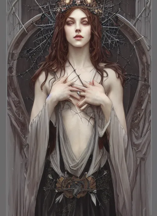 Prompt: beautiful pale gothic maiden with crown of thorns, intricate, elegant, highly detailed, digital painting, artstation, concept art, smooth, sharp focus, illustration, art by artgerm and greg rutkowski and alphonse mucha