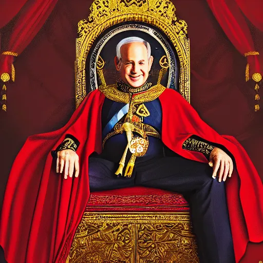 Prompt: portrait of Benjamin Netanyahu sitting on an ornate throne wearing a red furred cape and a crown grasping a royal ornate rod, vivid rich colors, ambient lighting, dynamic lighting, official media, HQ, detailed