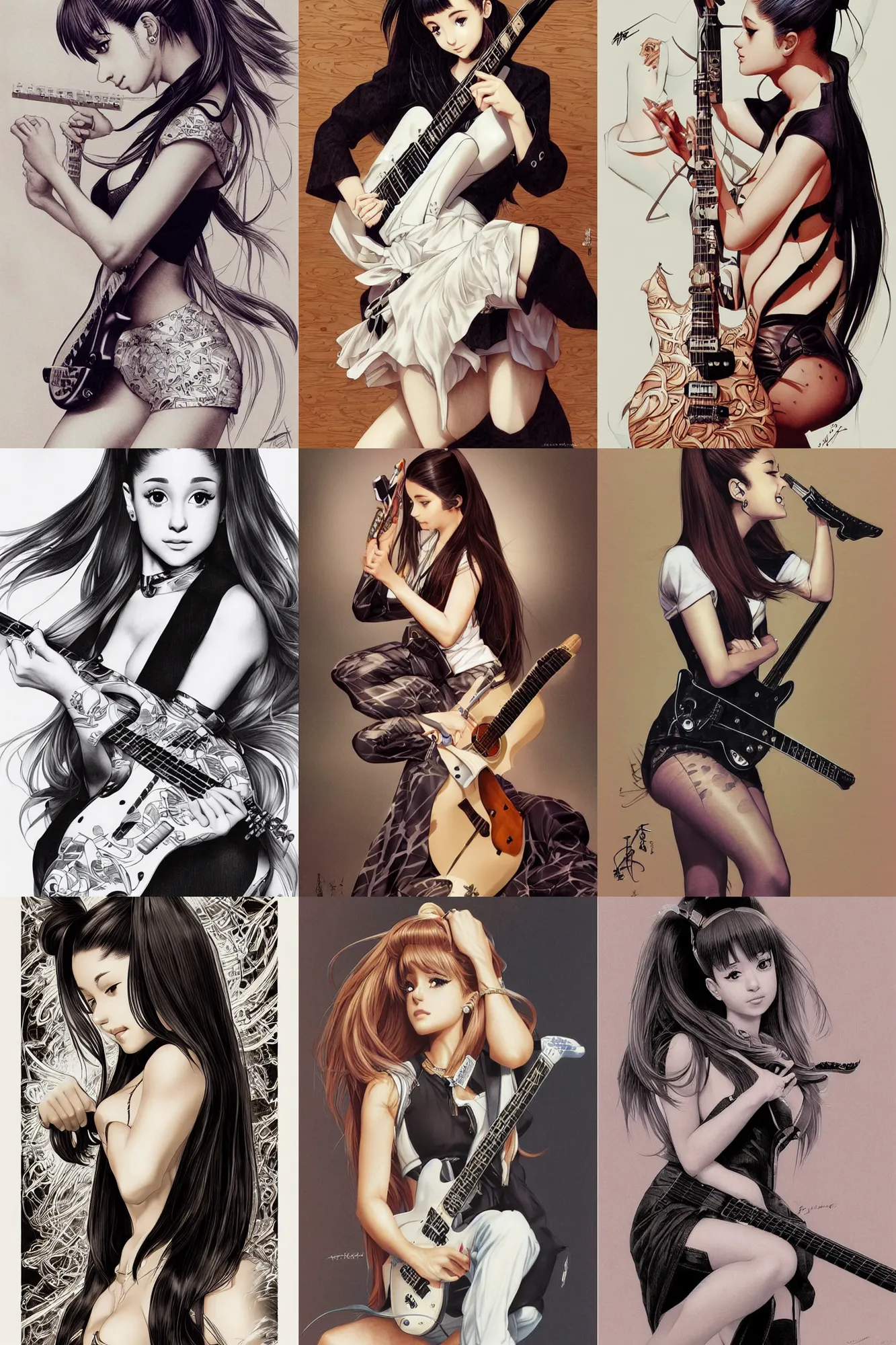 Prompt: Ariana Grande playing electric guitar, manga, highly detailed, beauty, art by Takehiko Inoue, Artgerm, intricate, elegant, J. C. Leyendecker