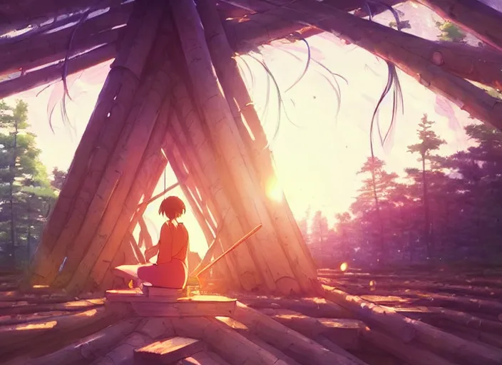 Image similar to portrait of a woman building a log cabin, illustration concept art anime key visual, very trippy and abstract, trending pixiv fanbox by wlop and greg rutkowski and makoto shinkai and studio ghibli and kyoto animation