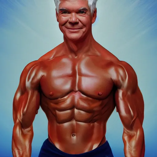 Image similar to Phillip schofield with the physique of a body builder, realistic, highly detailed, 4k, eye contact, digital painting,