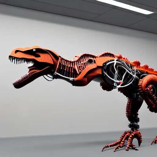 Image similar to Cyborg T-rex in a lab, extended robotic arms, photorealistic, 4K, HD, 3D