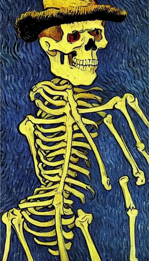 Image similar to 4k detailed painting by Van Gogh of a skeleton sailor (skeleton dressed like 19th century sailor in heavy wool coat, loose tie, shirt, and crooked crumpled hat, smoking cigarette), white and blue skeleton on a yellow background