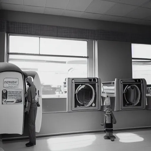 Image similar to a beautiful photo of an astronaut waiting in a laundromat, 1970', soft light, morning light, photorealistic, realistic, octane, 8k, cinematic shot