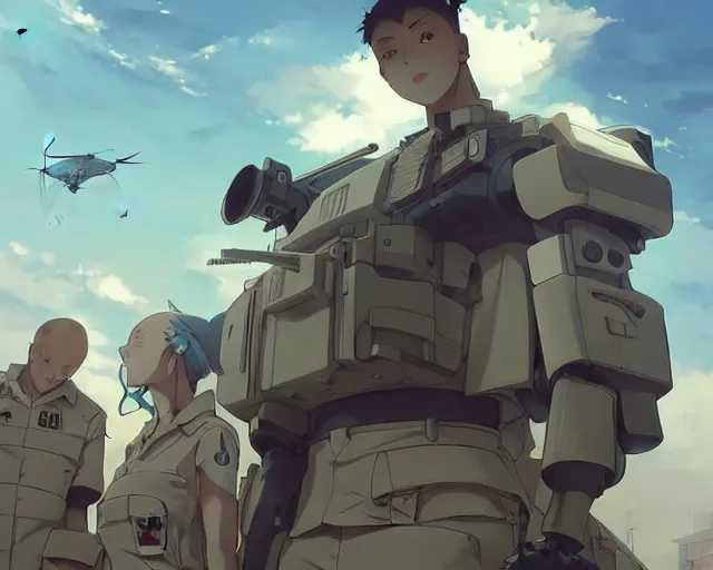 Image similar to Epic scene of a beautiful anime soldier standing in front of a cyborg repair shop, while a futuristic military helicopter flies overhead, by Greg Rutkowski and Krenz Cushart and Pan_Ren_Wei and Hongkun_st and Bo Chen and Enze Fu and WLOP and Alex Chow, Madhouse Inc., anime style, crepuscular rays, set in rainy futuristic cyberpunk Tokyo street, dapped light, dark fantasy, cgsociety, trending on artstation