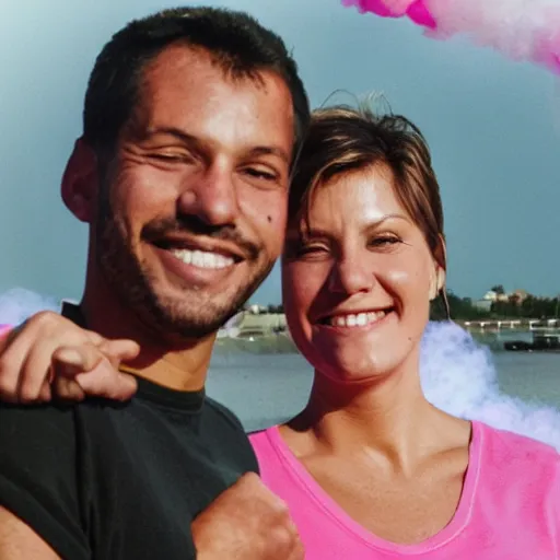 Image similar to a close up of a smiling couple of parents to be, 9 / 1 1 with pink smoke in the background