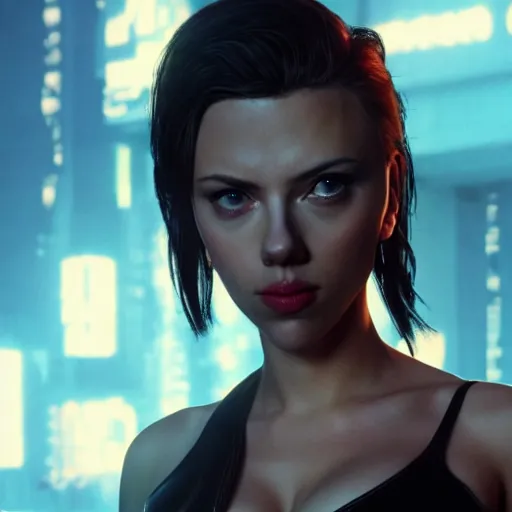 Prompt: Scarlett Johansson is Faye Valentine, cinematic shot, cyberpunk