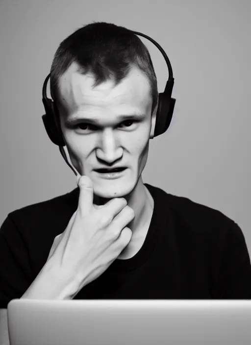 Image similar to vitalik buterin in headphones. vitalik buterin, medium shot, perfect symmetric face, coherent eyes, cute happy face, fine details., very sharp, 4 k, pixar, hans zatska