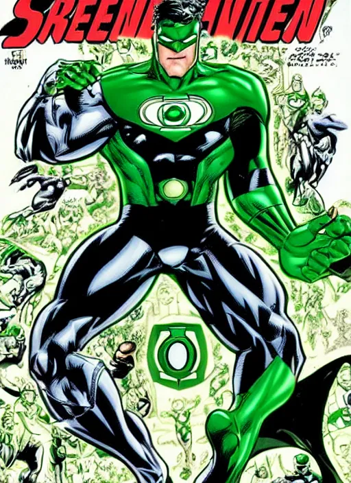 Prompt: 1 9 9 8 issue of a comic book cover depicting green lantern by ed mcguinness, masterpiece ink illustration,