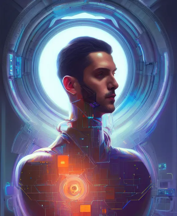 Prompt: a whirlwind inside the metaverse, guy, male, man, hologram, half body, neurochip, android, cyborg, cyberpunk face, by loish, d & d, fantasy, intricate, elegant, highly detailed, colorful, digital painting, artstation, concept art, art by artgerm and greg rutkowski and alphonse mucha