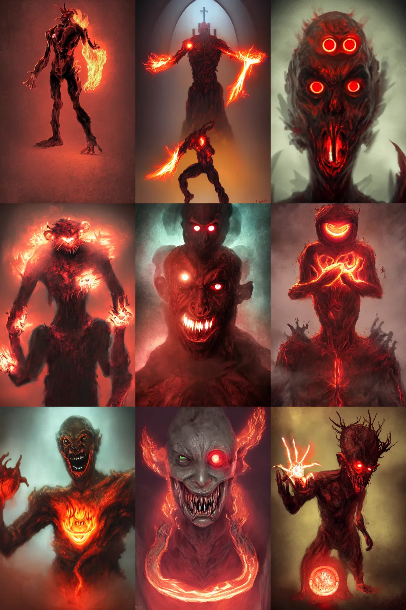 Prompt: character portrait of a humanoid demonic monster with glowing fire eyes and a glowing mouth doing a henshin pose, matte painting, dramatic lighting, very well detailed, ultra realistic, digital painting, concept art, muted colors, red colors, mist floats in the air, moody colors, rusted walls, broken pipes, church cathedral, in the style of frank frazetta and john singer sargent