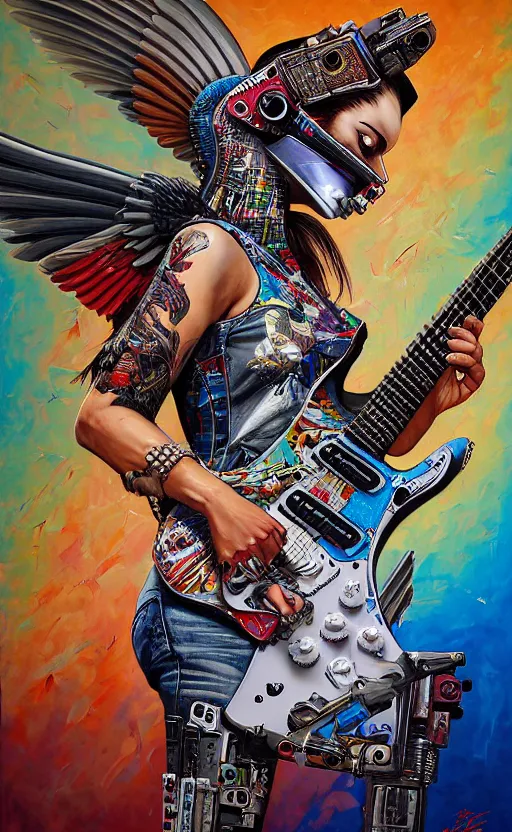 Prompt: a portrait of an anthropomorphic cyberpunk hummingbird head, shredding an electric guitar by sandra chevrier, by jon foster, detailed render, epic composition, cybernetics, 4 k realistic, fender stratocaster, cryengine, realistic shaded lighting, sharp focus, masterpiece, by enki bilal