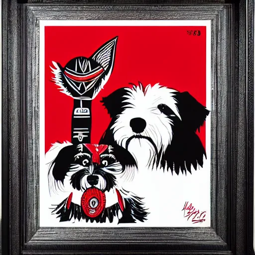 Prompt: tlingit haida lithographic, havanese dog, red and black white, lithograph print by nathan jackson and tristan - wolf n 9