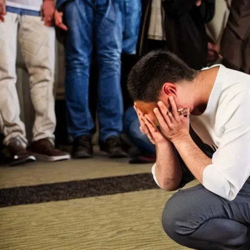 Image similar to close up photo of staling standing on his knees, crying so bad, and asking for forgiveness from hundreds of thousands of people