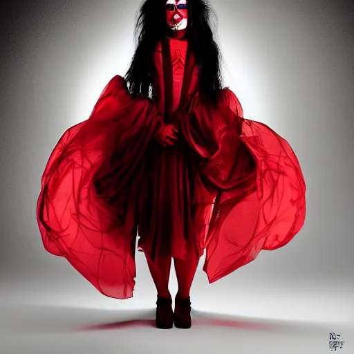 Prompt: stunning beautiful portrait photography of a face detailing demonic Countess wearing red and black dress from national geographic magazine award winning, dramatic lighting, taken with Sony alpha 9, sigma art lens, medium-shot