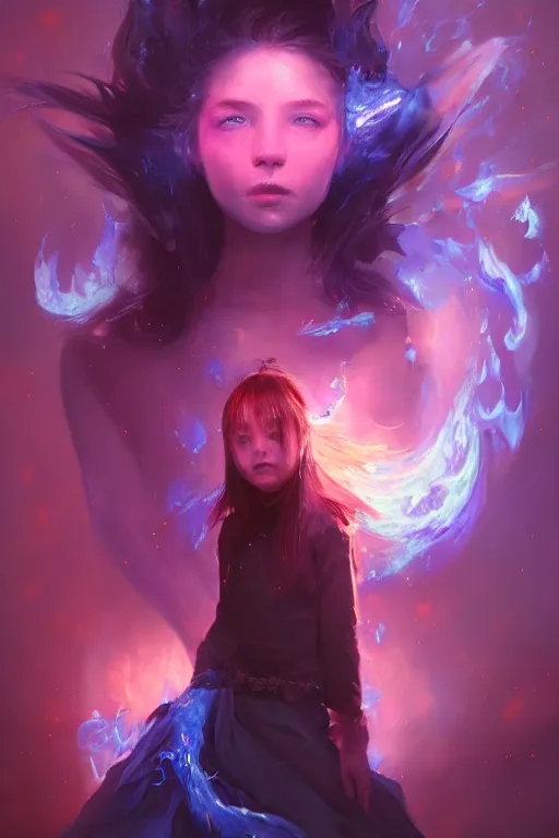 Image similar to a fancy portrait of a young Demon girl engulfed in blue flames by Greg Rutkowski, Sung Choi, Mitchell Mohrhauser, Maciej Kuciara, Johnson Ting, Maxim Verehin, Peter Konig, final fantasy , 8k photorealistic, cinematic lighting, HD, high details, atmospheric , trending on artstation