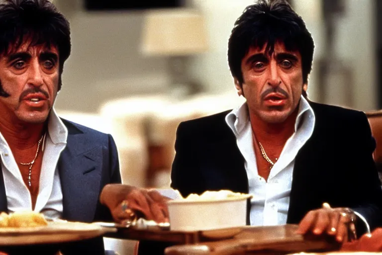 Prompt: tony montana from movie scarface 1 9 8 3 sitting behind a big black oak table with big large packages of flour. al pacino. perfect symmetric face, coherent eyes, close up, fine details, 4 k, ron cobb. last scene from scarface movie, bokeh