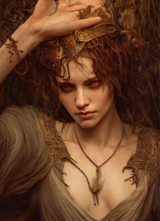 Image similar to inside covens den, diffuse lighting, fantasy epic, hdrp smoke, intricate facial detailing, highly detailed, lifelike, photorealistic, digital painting, artstation, unreal 5, concept art, smooth, sharp focus, art by john collier and albert aublet and krenz cushart and artem demura and alphonse mucha