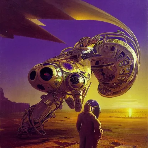Prompt: portrait painting of syd mead artlilery scifi organic shaped android synth with ornate metal work lands on a farm, fossil ornaments, volumetric lights, purple sun, andreas achenbach