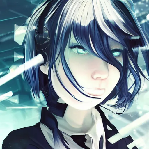 Image similar to Frequency indie album cover, luxury advertisement, white and navy colors. highly detailed post-cyberpunk sci-fi close-up schoolgirl in asian city in style of cytus and deemo, mysterious vibes, by Ilya Kuvshinov, by Greg Tocchini, nier:automata, set in half-life 2, beautiful with eerie vibes, very inspirational, very stylish, with gradients, surrealistic, postapocalyptic vibes, depth of filed, mist, rich cinematic atmosphere, perfect digital art, mystical journey in strange world, bastion game, arthouse