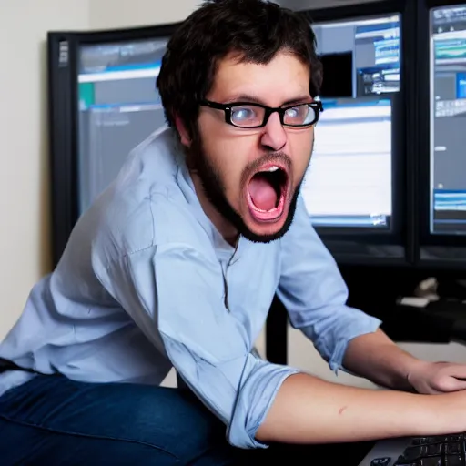 Prompt: Programmer nerd screaming at the computer, realistic photo