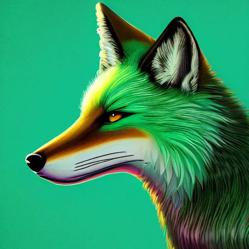 Prompt: digital lighter green fox, retrowave palette, digital world, highly detailed, electric breeze, anatomically correct vulpine, synth feel, fluffy face, ear floof, flowing fur, super realism, accurate animal imagery, 4 k digital art