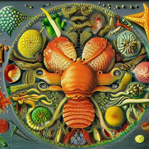 Image similar to Scientific diagram of the Krabby Patty secret formula, by Ernst Haeckel, medical illustration, oil on canvas