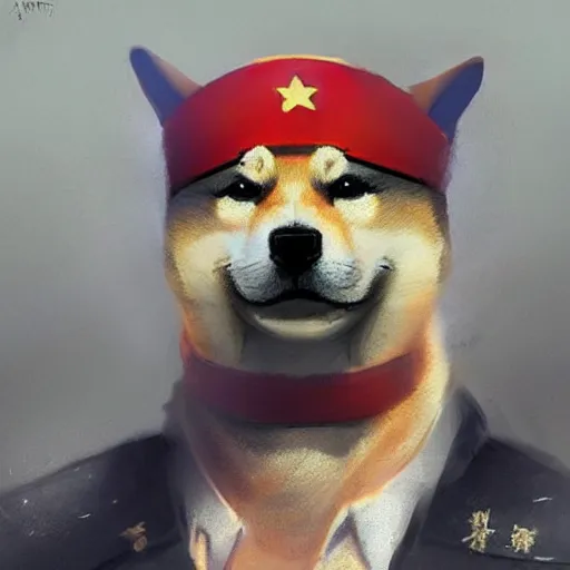 Image similar to portrait of a communist shiba inu dog as a soviet officer, tragic, elegant, fantasy, hd shot, digital portrait, beautiful, artstation, comic style, by artgerm, guy denning, jakub rozalski, magali villeneuve and charlie bowater