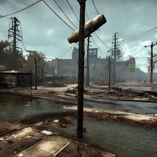 Image similar to atlanta flooded and in ruins post - nuclear war in fallout 4, in game screenshot