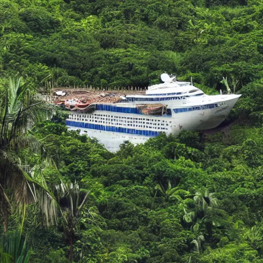 Prompt: an abandoned cruise ship in a jungle