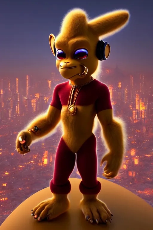 Image similar to high quality 3 d render cute cyborg hanuman! with gold nose piercings, highly detailed, cyberpunk mumbai in the background, unreal engine cinematic smooth, in the style of solaris & detective pikachu, hannah yata charlie immer, moody light, low angle, uhd 8 k, sharp focus