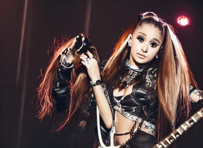Prompt: ariana grande as a heavy metal guitarist in a band with heavy makeup, shredding on a guitar, live in concert, award winning photo, 8 k, moody lighting