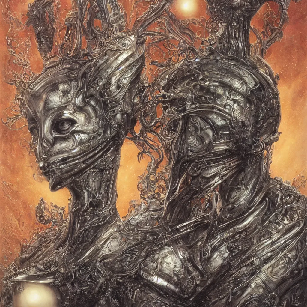 Image similar to beautiful and exotic alien queen bust portrait, glowering judging eyes, art nouveau declotage, perfect symmetrical facial features, hyperrrealistic bone structure, extremely hyperdetailed, mixed media painting, unreal engine, 8 k, octane, 8 mm, by travis charest, rodney matthews and chris achilleos