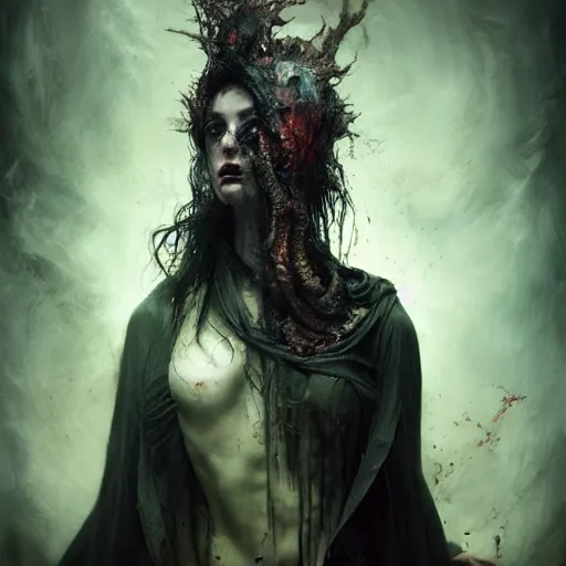 Image similar to dark cloaked eldritch monster, by brooke shaden and alberto seveso and eve ventrue and john salminen and tim okamura, trending on artstation hq, deviantart, pinterest, 4 k uhd image