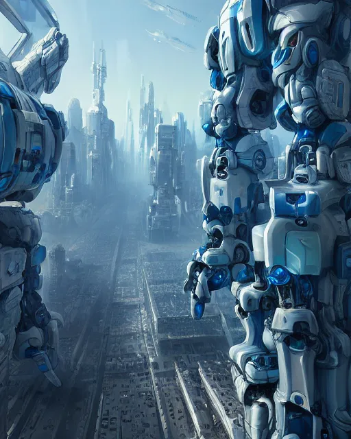 Prompt: Mecha construction robot, bulky armor, utopian city, white buildings, by Leon Tukker, synthetic light, blue trees, people on the streets, utopia, perfect, scifi, 8k high detail, masterpiece, trending on ArtStation