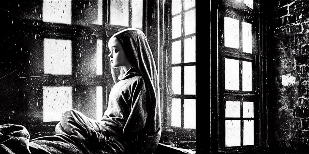 Image similar to night scene, sadie sink in hoodie sits on windowsill, knees tucked in, rain, old brick wall, propaganda posters : grainy b & w 1 6 mm film, 2 5 mm lens, single long shot from schindler's list by steven spielberg. cyberpunk, steampunk. cinematic atmosphere and composition, detailed face, perfect anatomy