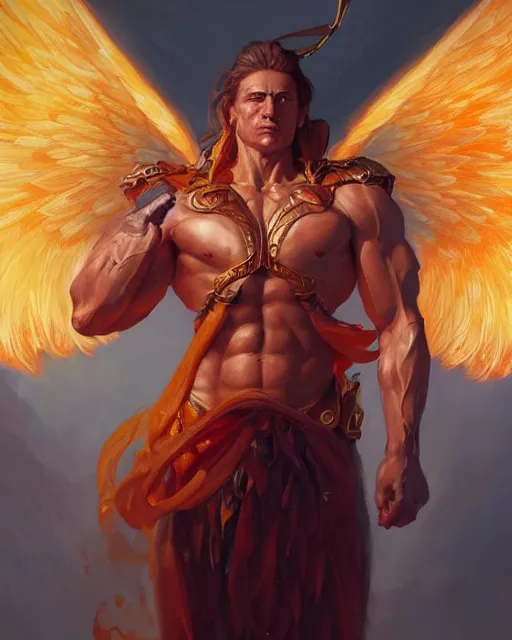 Prompt: character portrait of a muscular male angel of justice with fiery golden wings, by peter mohrbacher, mark brooks, jim burns, marina abramovic, wadim kashin, greg rutkowski, trending on artstation