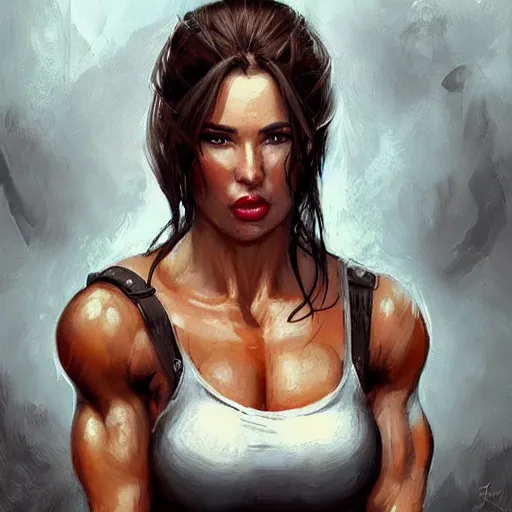 Image similar to portrait of a beautiful female bodybuilder lara croft with plump lips, elegant, fantasy, hd shot, digital portrait, beautiful, artstation, comic style, by artgerm, guy denning, jakub rozalski, magali villeneuve and charlie bowater