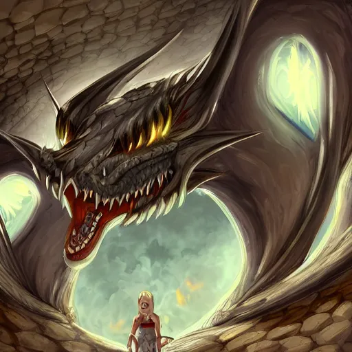 Image similar to POV shot from inside a dragon's maw, looking out, high quality, artstation, furaffinity, deviantart