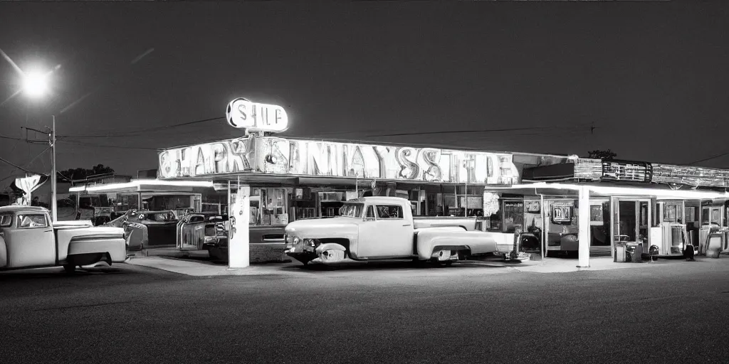 Image similar to detailed sharp photograph in the style of popular science circa 1 9 5 5 and gregory crewdson of a 1 9 5 0 s truck stop at night