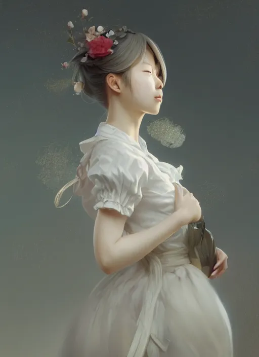 Image similar to portrait of a beautiful japanese girl with blonde hair dressed as a french maid, elegant, highly detailed, digital painting, 8 k, concept art, smooth, sharp focus, illustration, ethereal, misty, octane render, by ruan jia and zeen chin and greg rutkowski and alphonse mucha