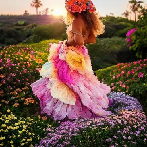 Image similar to A world of various flowers and plants, in which there is a figure of a human, dressed in something magical and impressive, inside this clothes infinity is all in sunset light