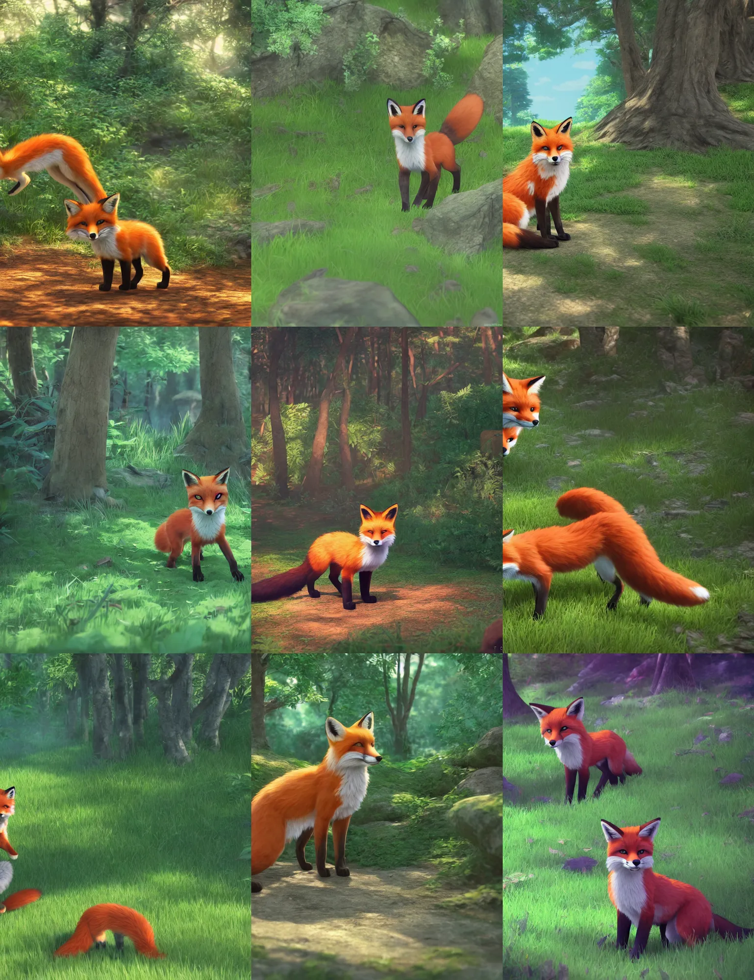 Prompt: fox as little cat play in forest, try colors, makoto shinkai, ultra hd, ray tracing