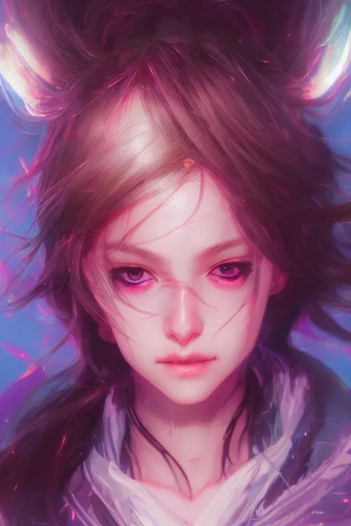 Image similar to portrait of cute girl, beautiful, fantasy, colorful, cinematic lighting, artstation, trending, highly detailed, focus, smooth, by hirohiko araki and yoshitaka amano