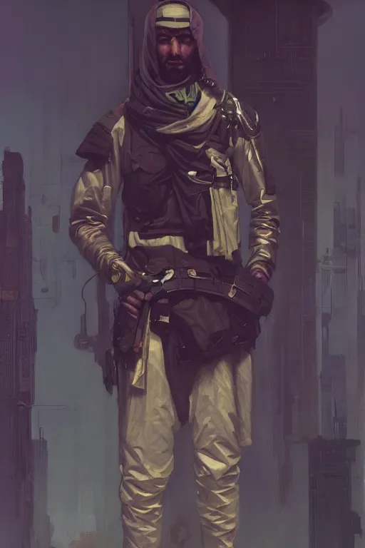 Image similar to a full body portrait oil painting illustration of an arabic man by justin sweet and greg rutkowski and alphonse mucha with face and body clearly visible, techwear, futuristic, cyberpunk, artstation trending, high quality, sombre mood, artstation trending, abstract colours, no crop, entire character!,