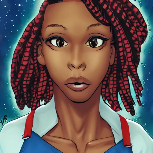 Image similar to a nerdy 17 year old black girl, comic book style, marvel comic book style, wearing overalls, highly detailed, concerned